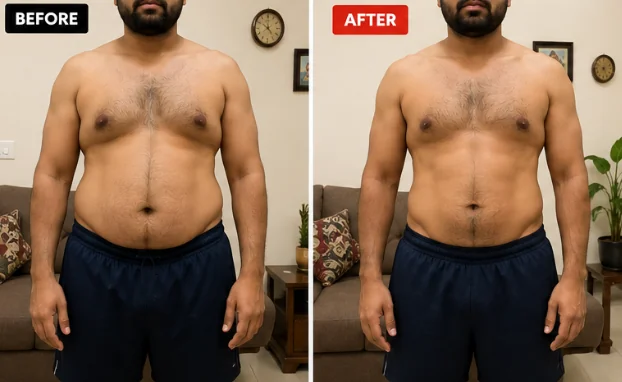 Debjoty, business owner, before and after posture and fat loss transformation with FITRA coaching