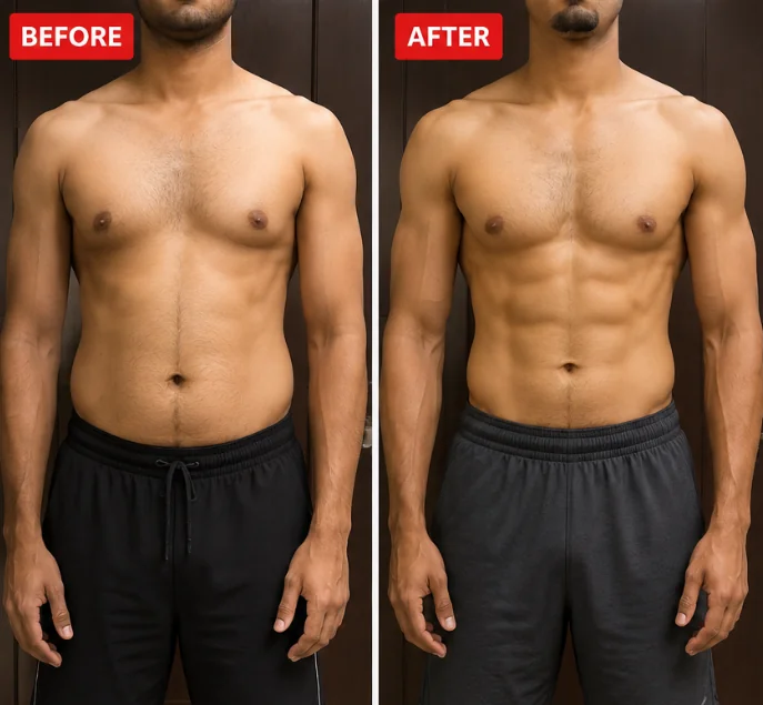 Sarvesh, IT professional, before and after fat loss and strength transformation with FITRA coaching